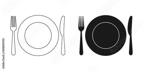 Plate, Fork and Knife Icon, Restaurant and Food Place Setting Vector