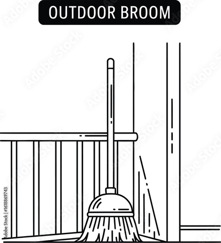 A minimalist line drawing showcases an outdoor broom leaning against a porch railing, perfect for illustrating cleaning tasks, home maintenance, or yard work in a simple, modern style.