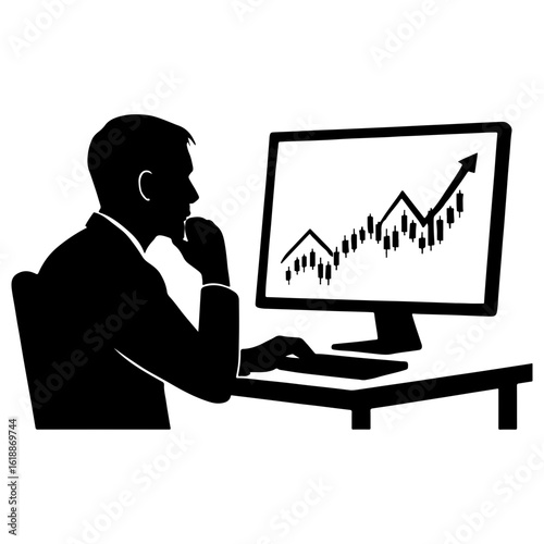  Investor watching stock chart silhouette vector art with white background