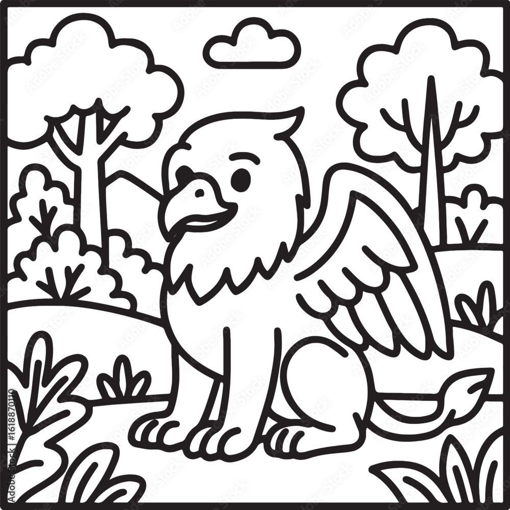 Fototapeta premium Fantasy Cozy Retreat – Bold Line Art Coloring Page with Magical Elements