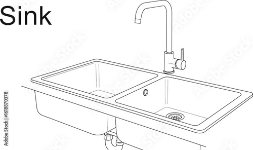 Detailed line art showcases a double bowl kitchen sink with a modern faucet, perfect for architectural plans, interior design layouts, and plumbing illustrations, emphasizing clean lines.