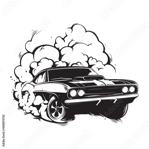Smoking Car silhouette, Dynamic Sports Car Drifting with Smoke in Monochrome Style Illustration, vector silhouette illustration of high speed racing car with smoke behind