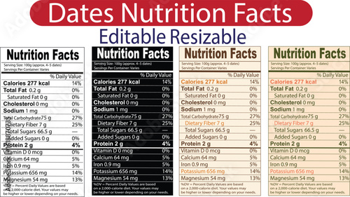 dates nutrition facts, date fruit nutrition facts, nutrition facts and Dates Nutrition Facts Label - Editable Template