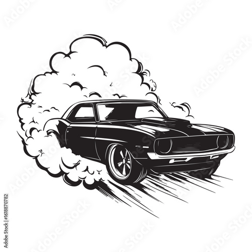 Smoking Car silhouette, Dynamic Sports Car Drifting with Smoke in Monochrome Style Illustration, vector silhouette illustration of high speed racing car with smoke behind