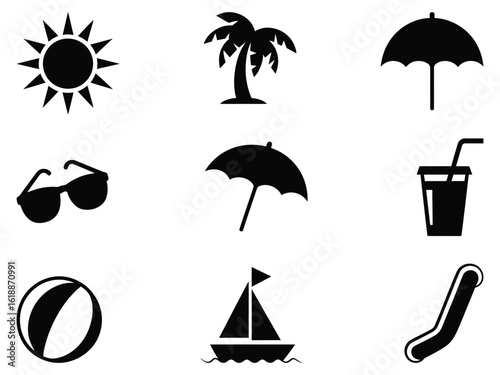 Tropical getaway dreams with sunny beach vacation icons for summer fun and relaxation at the shore