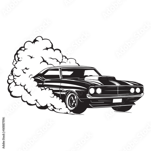 Smoking Car silhouette, Dynamic Sports Car Drifting with Smoke in Monochrome Style Illustration, vector silhouette illustration of high speed racing car with smoke behind