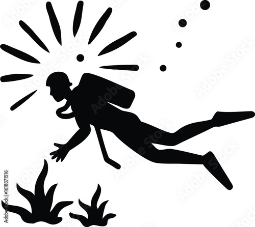 Silhouette of a scuba diver exploring underwater with bubbles and plants diving ocean