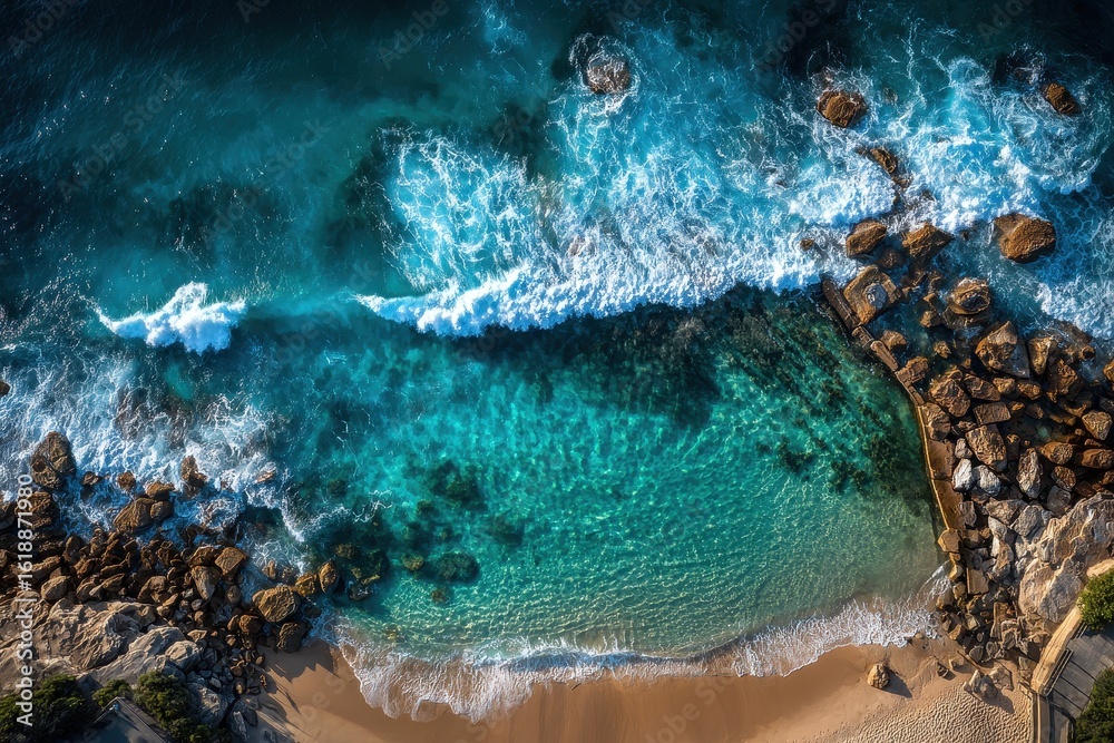 Fototapeta premium Aerial view of Bronte Baths on display, located in Sydney, Australia, during the afternoon with crystal clear water and waves crashing against the coast