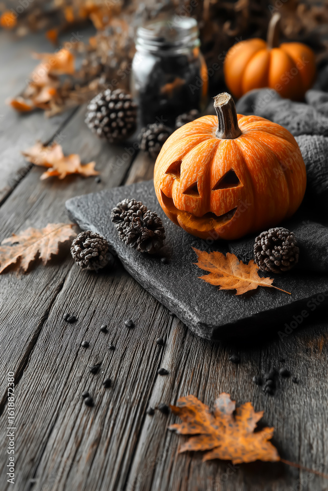 Fototapeta premium ダークウォールに映えるパンプキンライト ─ 広告バナー向け