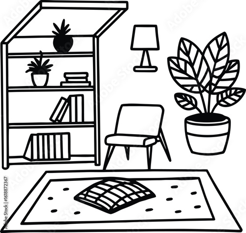 cozy study space with warm rug and potted plant
