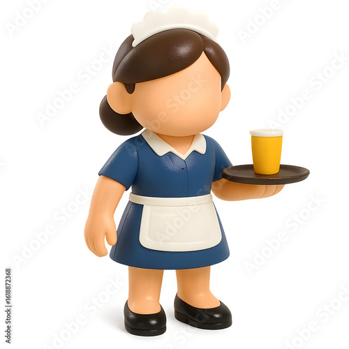 3D cartoon maid girl with red bow and blue uniform in toy style