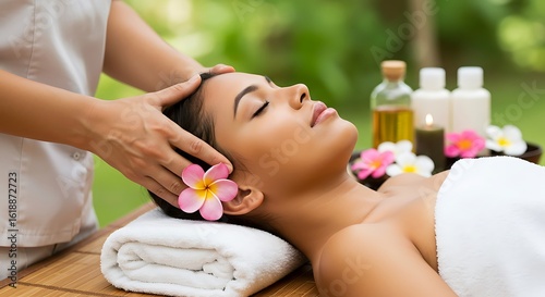 Woman enjoying a relaxing head massage at a spa resort