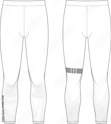 Cad Drawing Flat Vector Illustration, Athletic Leggings Front and Back View, Fashion Design, Detailed Technical Sketch, Sportswear Template