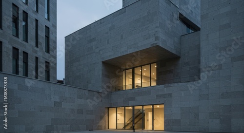 Foto Architectural grandeur: A modern building with geometric forms and stone facade