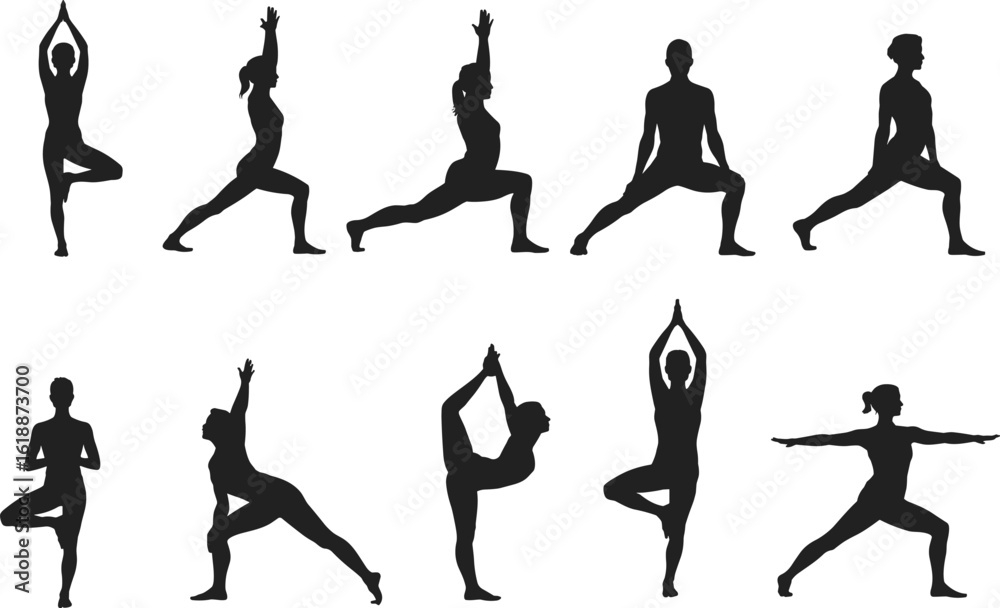Fototapeta premium Cad Drawing Flat Vector Illustration, Yoga Poses Silhouettes, Fitness Exercise Sequence, Meditation and Balance, Wellness, Black and White Style