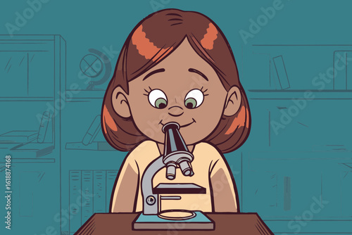 Girl watching through microscope — awe and fascination.