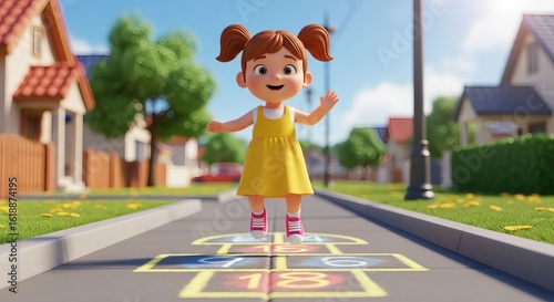3D cartoon of a girl playing hopscotch on a sidewalk with chalk drawings