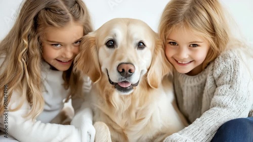 Joyful moments: two kids embracing golden retriever in warm indoor scene