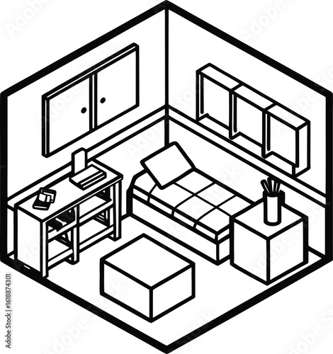 dorm room in isometric vector style with art prints