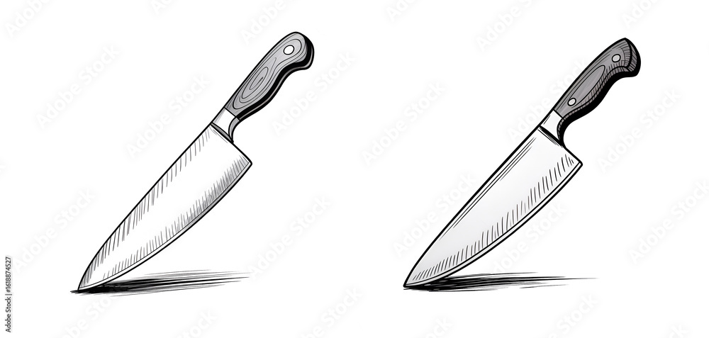 Obraz premium Knife : Black and white pencil sketch drawing isolated on white background.