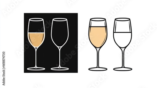 A single vector icon of champagne glasses, bold black outline, flat colors, no gradient, simple and modern style, white background, high contrast 