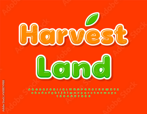 Vector Creative emblem Harvest Land. Cute Glossy Font. Unique Alphabet Letters and Numbers set
