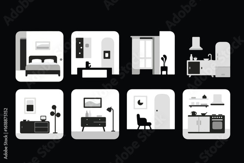 Modern minimalist interior design concepts showcasing various rooms and furniture styles in a clean flat illustration style