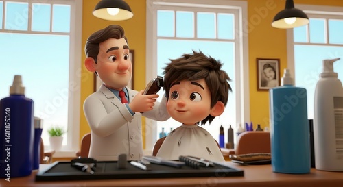 3D cartoon of a boy getting a haircut from a friendly barber in a salon