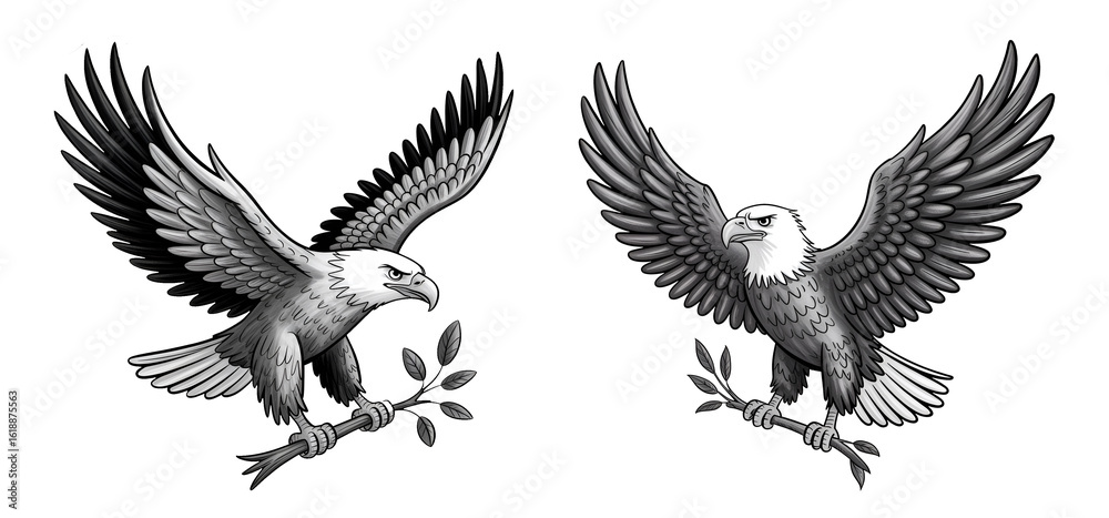 Obraz premium Eagle : Black and white pencil sketch drawing isolated on white background.