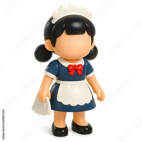 3D cartoon maid girl with red bow and blue uniform in toy style