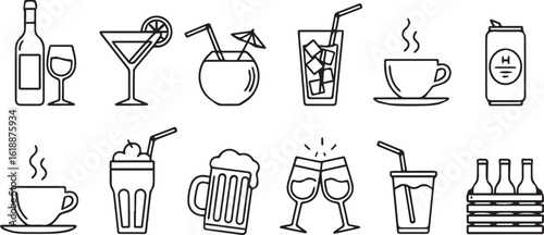 Line art illustration of various beverages including cocktails beer wine and coffee in a neat arrangement