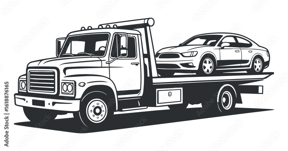 Fototapeta premium Detailed Vector Illustration of a Tow Truck with Car on Flatbed, Ideal for Automotive Services and Emergency Roadside Assistance Designs