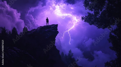 A solitary figure stands on a rocky cliff under a dramatic purple sky filled with lightning, capturing a moment of awe and wonder.