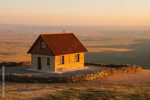 A Secluded Stone House on a Vast, Open Plain at Sunset