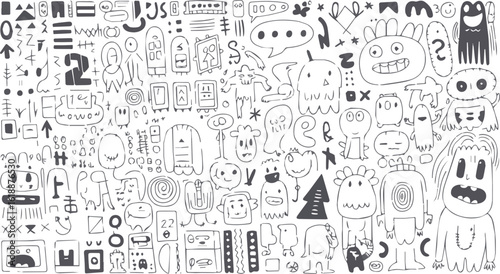 A whimsical collection of hand drawn doodles and characters in black and white illustration style