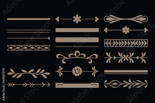 Elegant decorative borders and dividers with ornate flourishes and geometric patterns on a black background