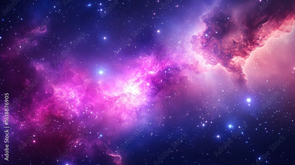 Obraz premium Vivid purple and pink nebula in deep space shines bright with stars and cosmic beauty. Explore the wonders of the universe.