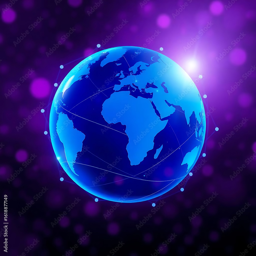 Fototapeta premium A blue globe surrounded by a network of connections shines brightly against a purple bokeh background, representing global communication and technology