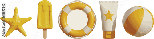 A summer themed illustration featuring a starfish popsicle lifebuoy sunscreen and beach ball on a plain background