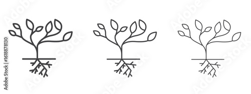 Tree with roots and leaves icon - editable stroke vector illustration