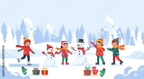 Children enjoying a delightful winter wonderland activity building snowmen and skating outdoors on a snowy day