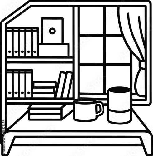 dorm with coffee mug books and window view