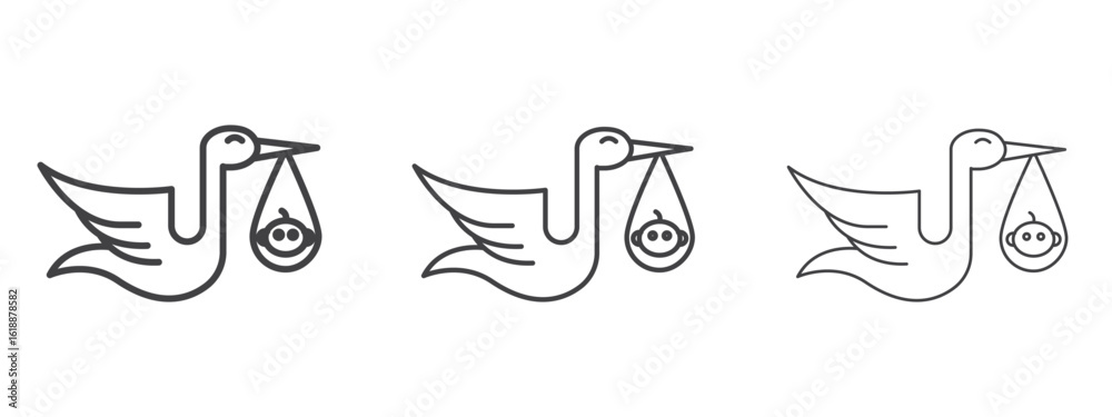Fototapeta premium Stork with baby icon - editable stroke vector illustration