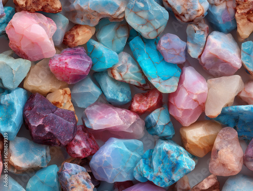 Colorful raw crystals and gemstones in vibrant tones, natural mineral stones for healing, decor, or collection