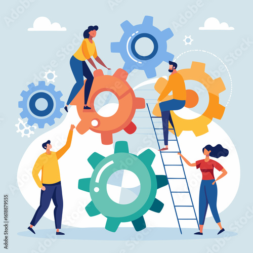 people putting together a series of cogwheels. business mechanism with gears. the business solution, teamwork, and process concept. Flat style vector illustration Pro Vector
