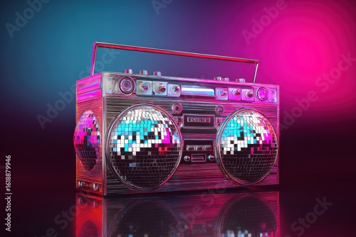 Boombox and mirrored disco balls with colorful background lighting