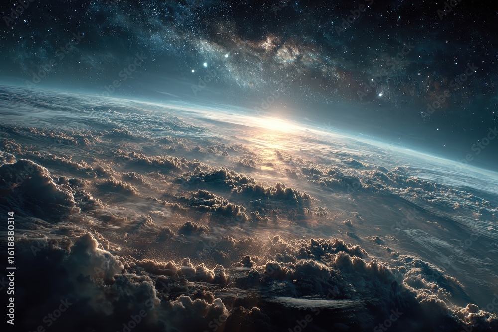 Fototapeta premium Planet Earth view from space showing mountains, clouds, and atmosphere during daytime