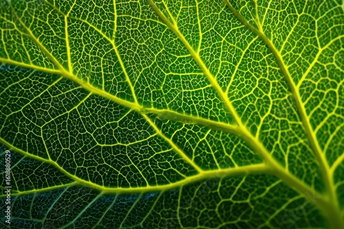 A closeup of a green leaf showing intricate yellow veins