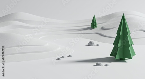 Minimalist Winter Landscape: Paper Trees, White Hills, 3D Rendering, Clean Christmas Scene, Snow Covered, Holiday Card Mockup, Isolated Illustration, Simple Design
