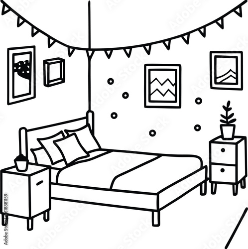 dorm with cozy bedding fairy lights and photo wall